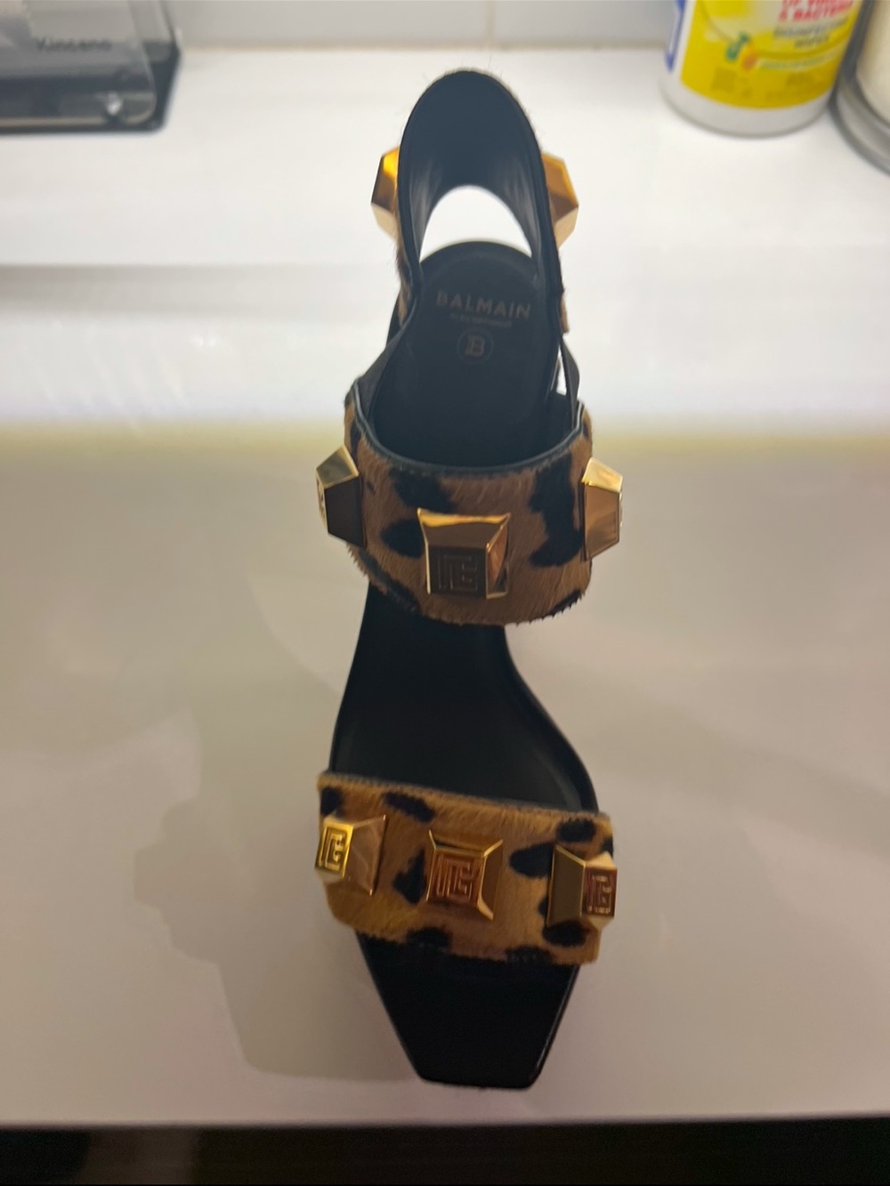 Balmain Leopard-Print Block Heel Sandals with Gold Studs - Picture 3 of 3